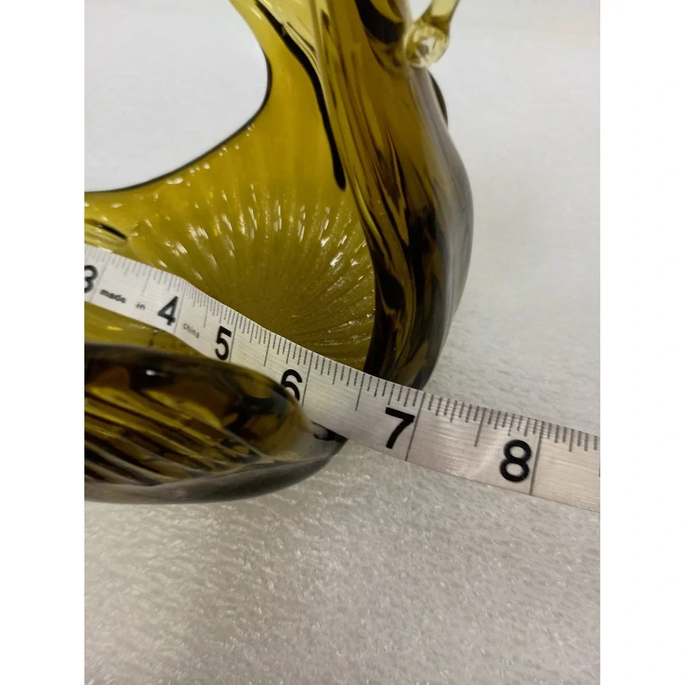 Vintage Olive Green Art Glass Swan Bowl MCM Decor Ribbed Candy Dish